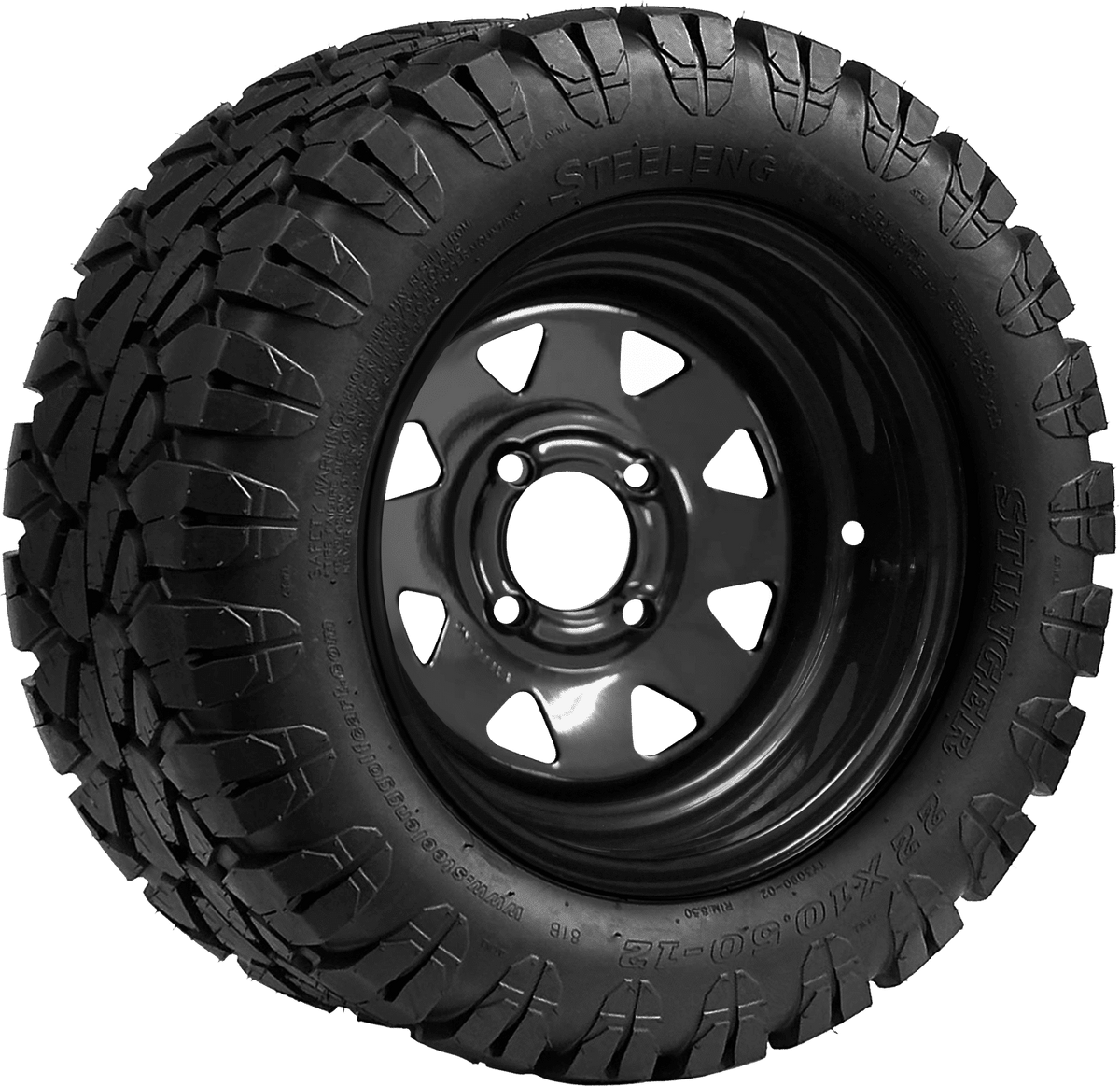 SGC 12" Steel Wheel Black Slotted and STEELENG 22x10.5-12 STINGER Hybrid AT Tire Combo