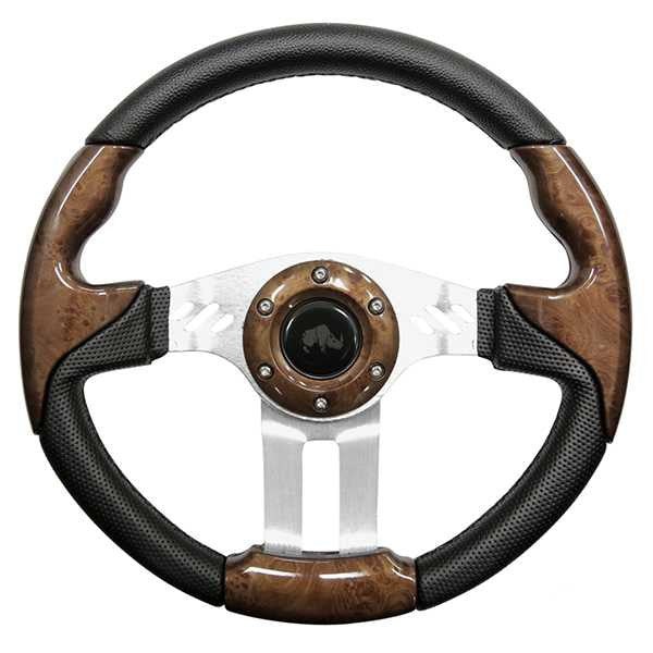Rhox Aviator 5 Steering Wheel with Brushed Aluminum - Chrome (E-Z-Go / Club Car DS Pre-1984) / Woodgrain Grip – product view