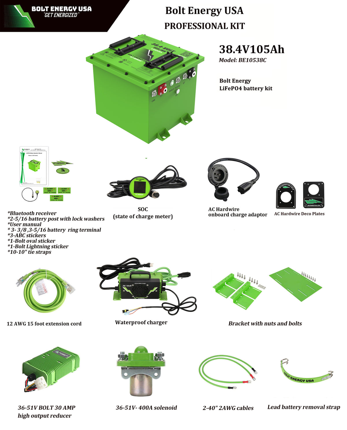 Bolt Energy 105AH 36 Volt CLASSIC Golf Cart Lithium Battery - Professional Kit