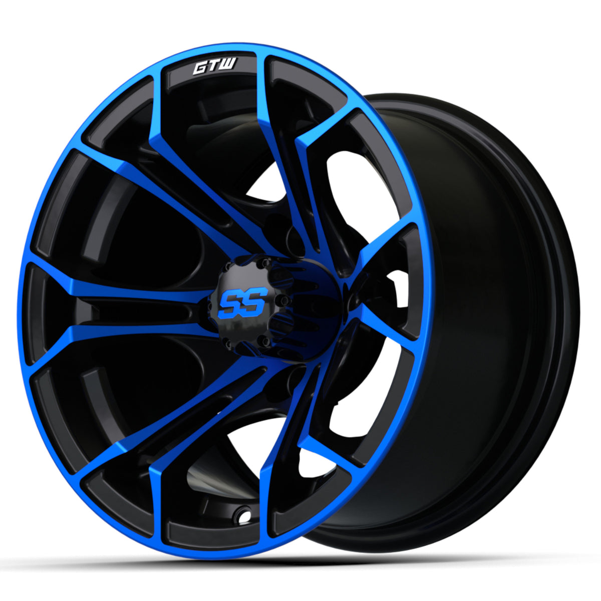 Wheel 12X7 Spyder, Et-.25 Blk/Blue w/SS Cap – wheel, angled view