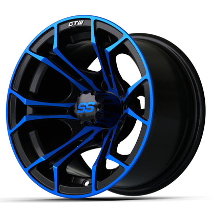 Wheel 12X7 Spyder, Et-.25 Blk/Blue w/SS Cap – wheel, angled view