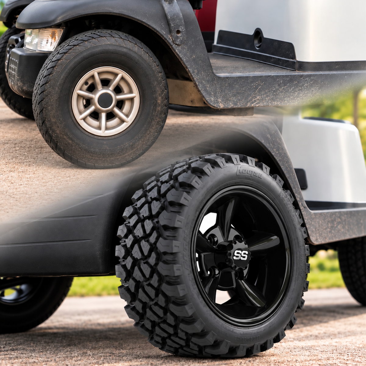 10″ GTW® Godfather Black Wheel – wheel installed on golf cart