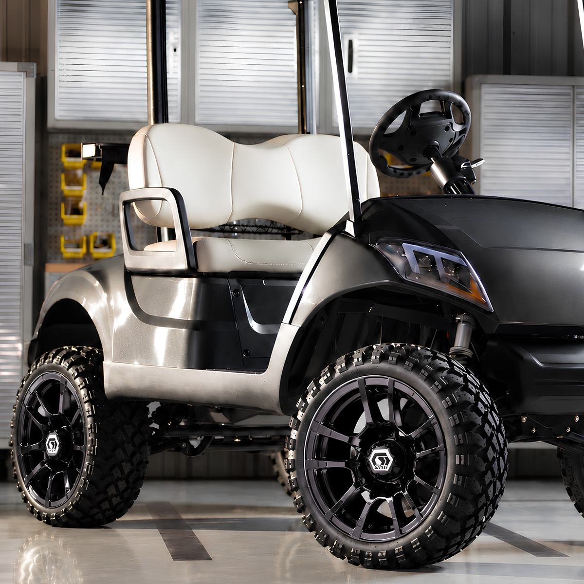 12” GTW Godfather Black Wheel – wheels installed on lifted golf cart