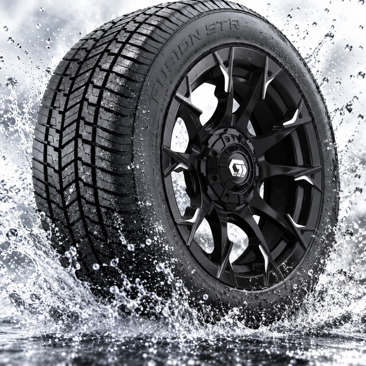 GTW® Diablo 14” Gloss Black/Machined Wheels with 225/50-R14 Fusion STR Tires – Full Set