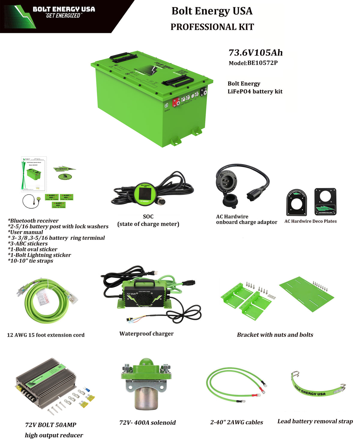 Bolt Energy 72V 105Ah POWER Golf Cart Lithium Battery Bundle - Professional or Standard Kit