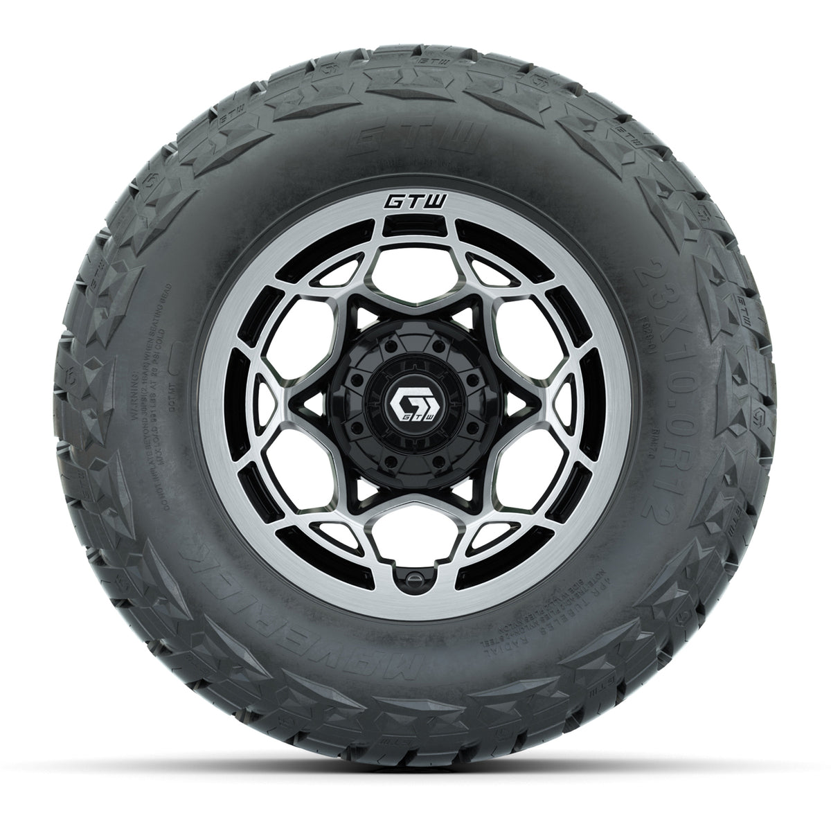 12" GTW Nexus Wheels Black/Machined and Maverick 23x10.00-R12 All Terrain Tires Combo Set of 4