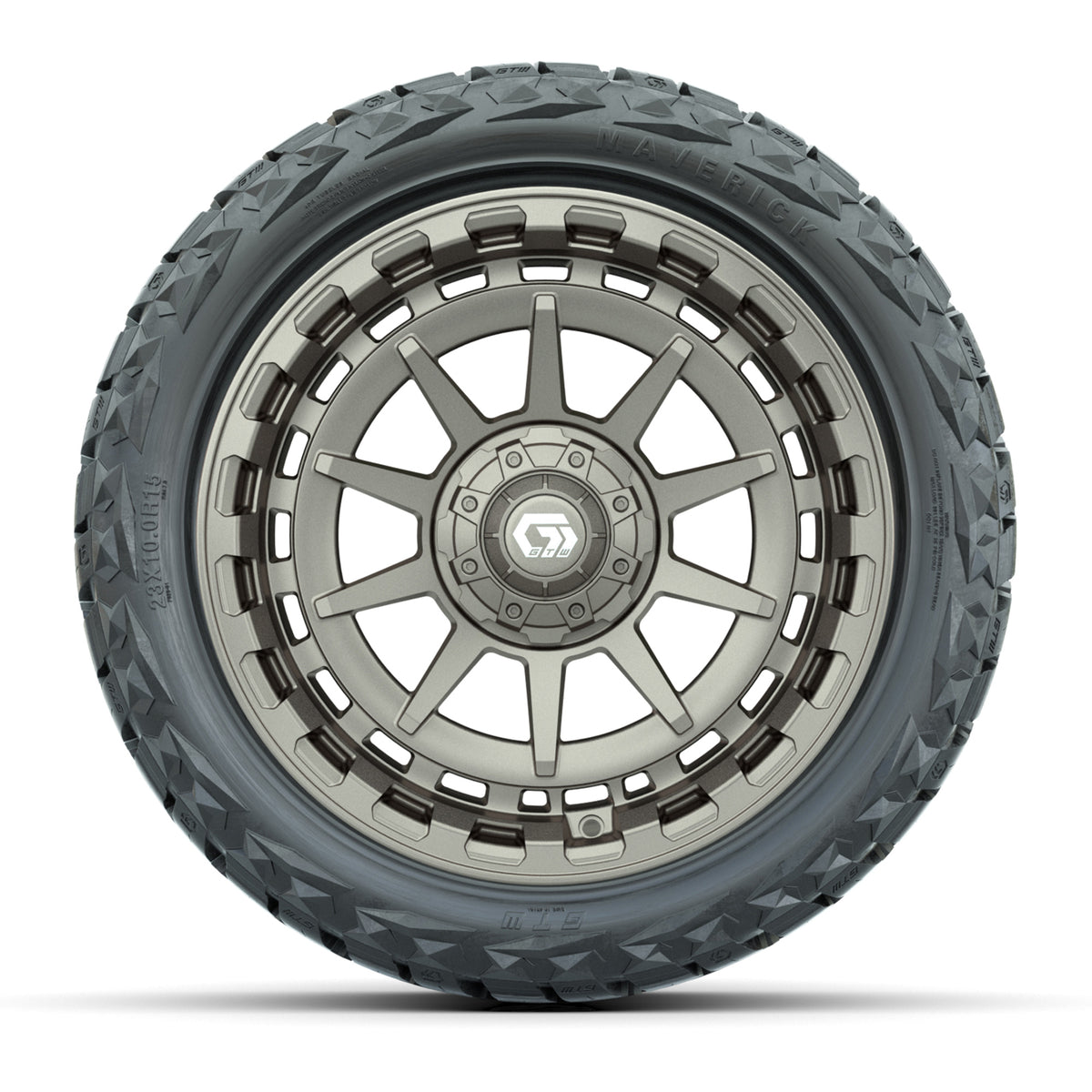 15" GTW Barricade Wheels Satin Bronze and Maverick 23x10.00-R15 All Terrain Tires Combo Set of 4