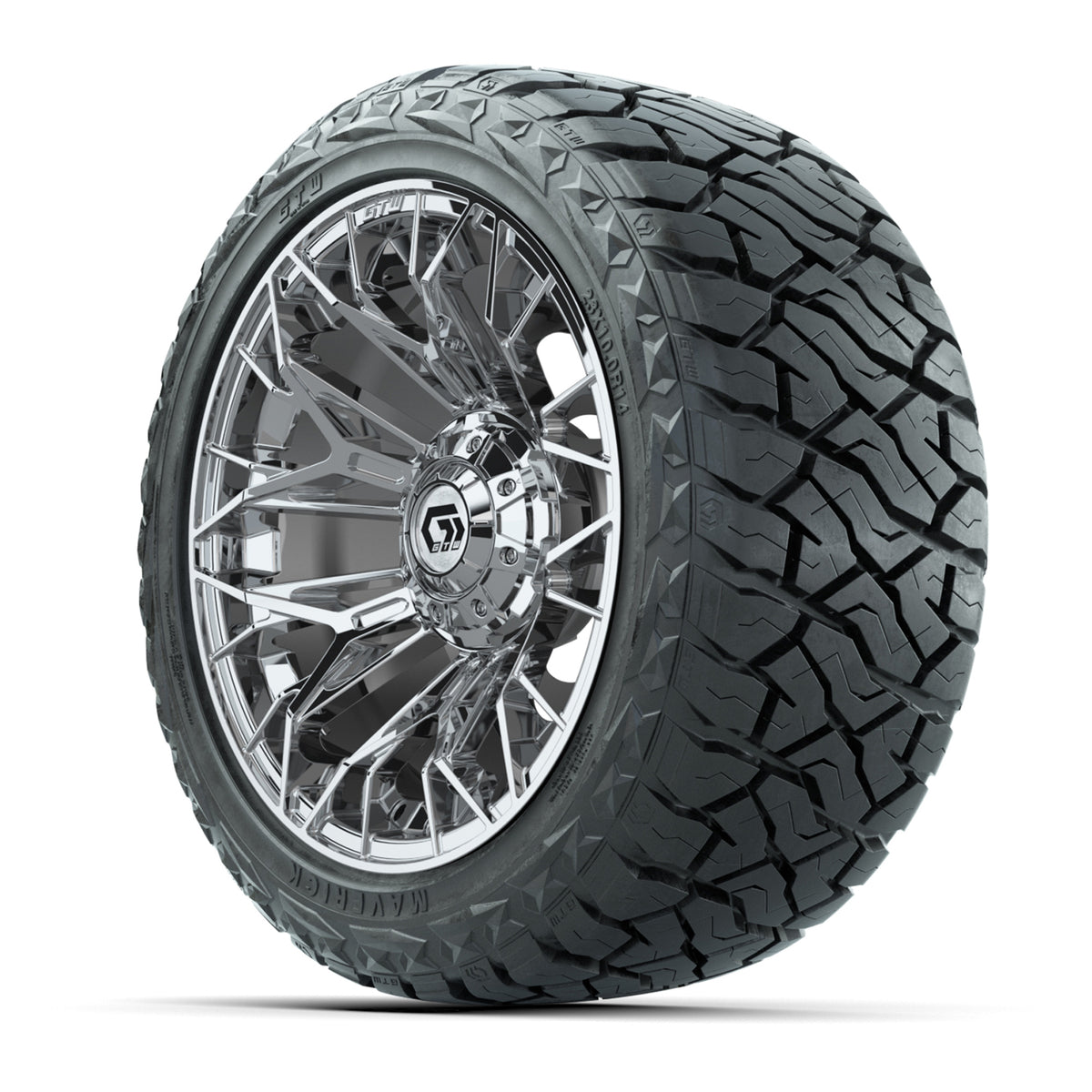 14" GTW Stellar Wheels Chrome and Maverick Low Profile & All Terrain Tires Combo Set of 4