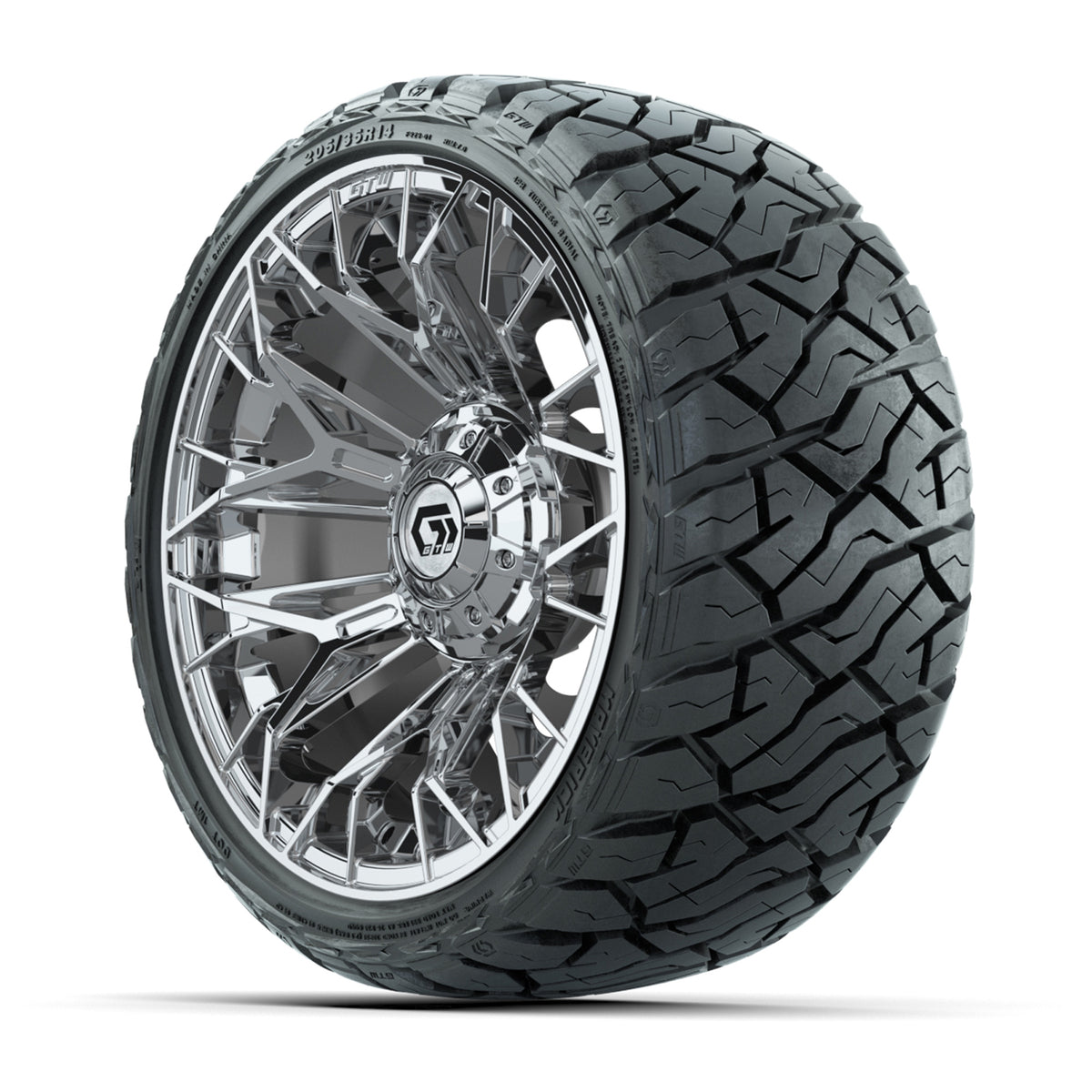 14" GTW Stellar Wheels Chrome and Maverick Low Profile & All Terrain Tires Combo Set of 4