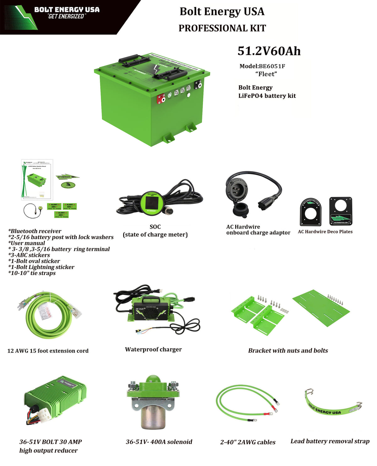 Bolt Energy 48V 60Ah FLEET Golf Cart Lithium Battery Bundle - Professional or Standard Kit