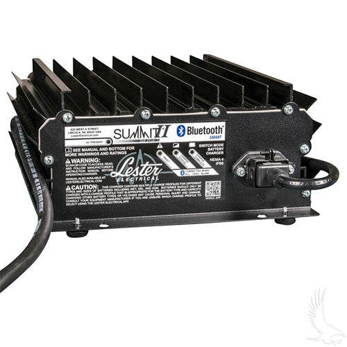 Battery Charger, Lester Summit Series II, 36-48V Auto Ranging Voltage 13-18A, E-Z-Go 3 Pin – battery charger, angled view
