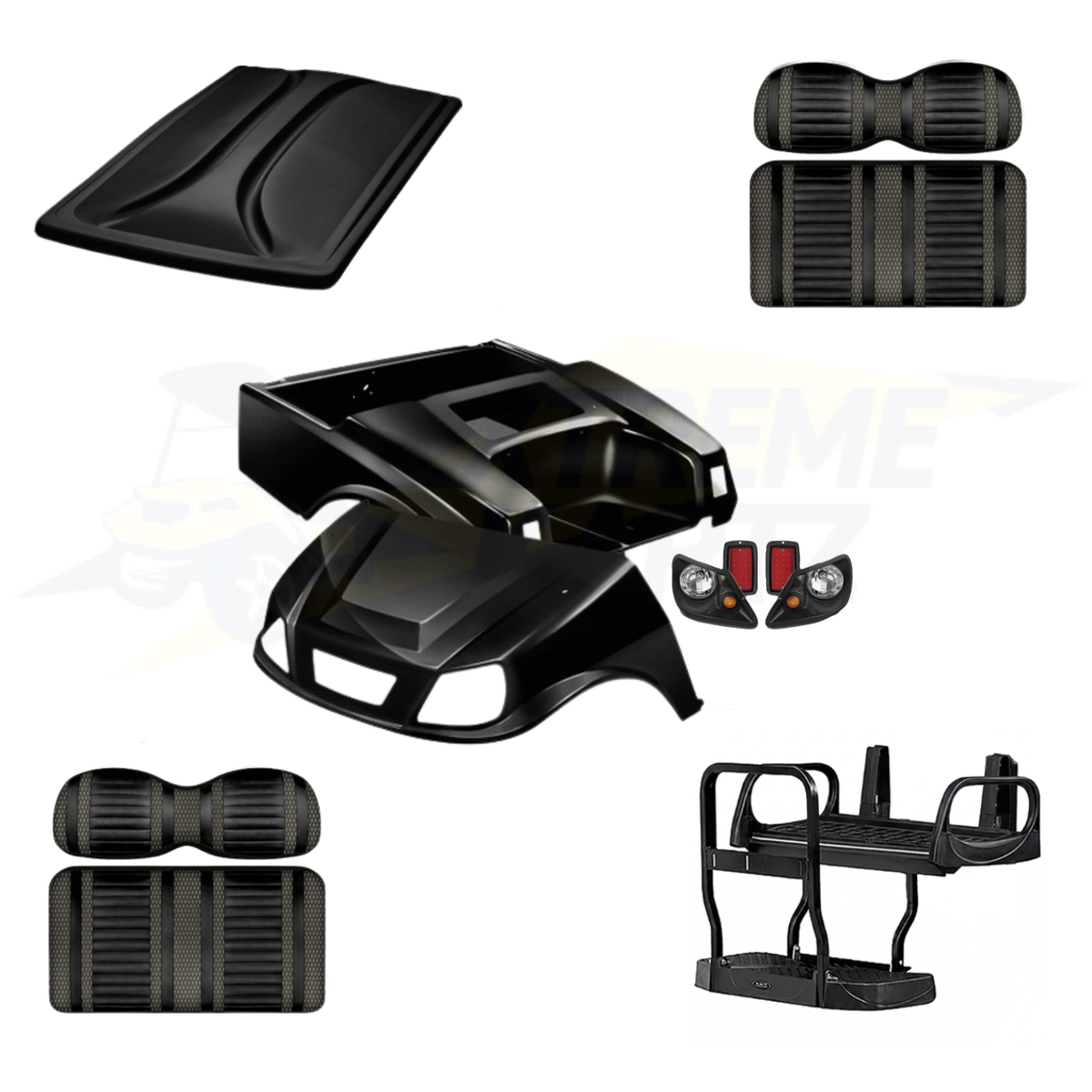 Club Car DS Spartan 5pc Upgrade Kit:
Body Kit - Black, Extreme Seat -Black/Graphite, 80" Top - Black, Rear Seat Kit - Max5 (without cupholder)