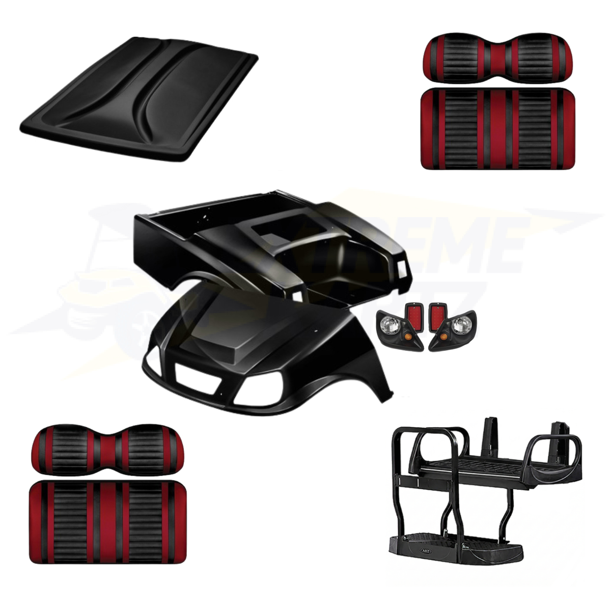 Club Car DS Spartan 5pc Upgrade Kit:
Body Kit - Black, Extreme Seat -Black/Ruby, 80" Top - Black, Rear Seat Kit - Max5 (without cupholder)