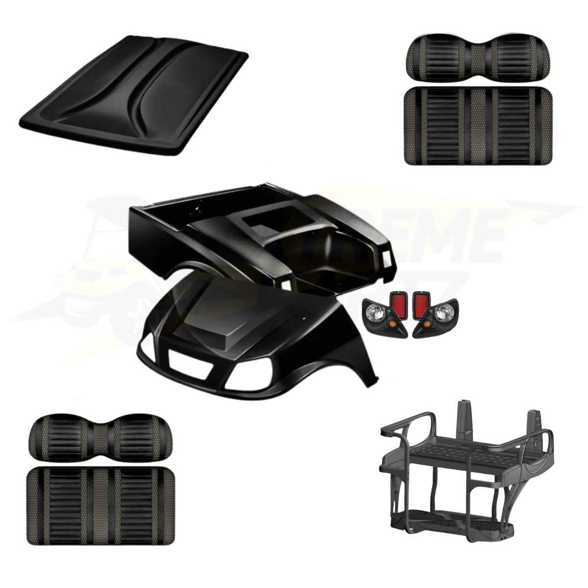 Club Car DS Spartan 5pc Upgrade Kit:
Doubletake Body Kit - Black
Doubletake Extreme Seat -Black/Graphite
Doubletake 80" Top - Black
Doubletake Rear Seat Kit - Max5 (without cupholder)