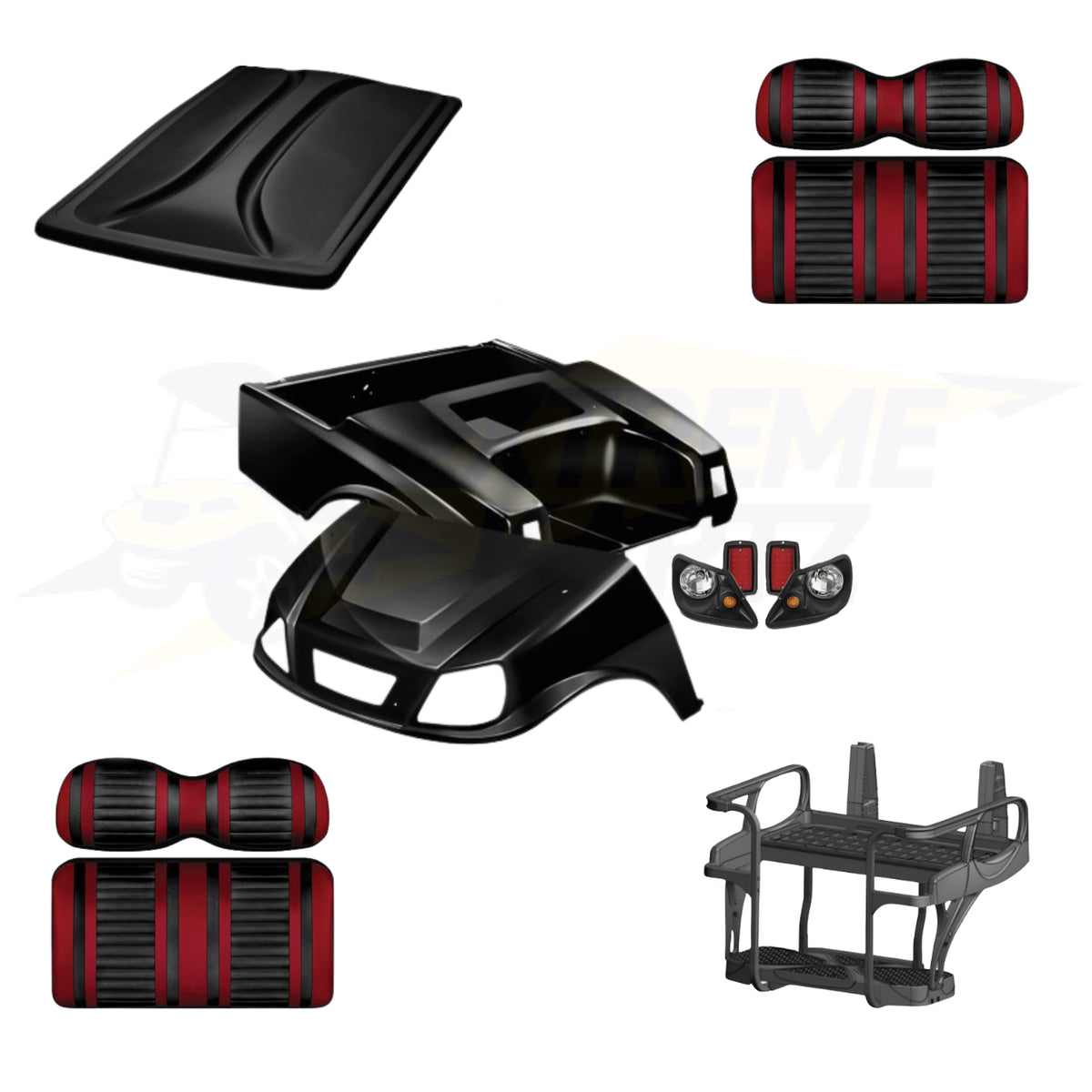 Club Car DS Spartan 5pc Upgrade Kit:
Doubletake Body Kit - Black
Doubletake Extreme Seat -Black/Ruby
Doubletake 80" Top - Black
Doubletake Rear Seat Kit - Max6