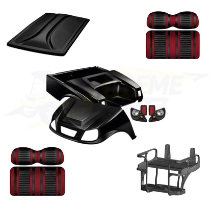Club Car DS Spartan 5pc Upgrade Kit:
Doubletake Body Kit - Black
Doubletake Extreme Seat -Black/Ruby
Doubletake 80" Top - Black
Doubletake Rear Seat Kit - Max6