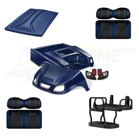 Club Car DS Spartan 5pc Upgrade Kit:
Body Kit - Navy, Extreme Seat -Black/Navy, 80" Top - Navy, Rear Seat Kit - Max5 (without cupholder)