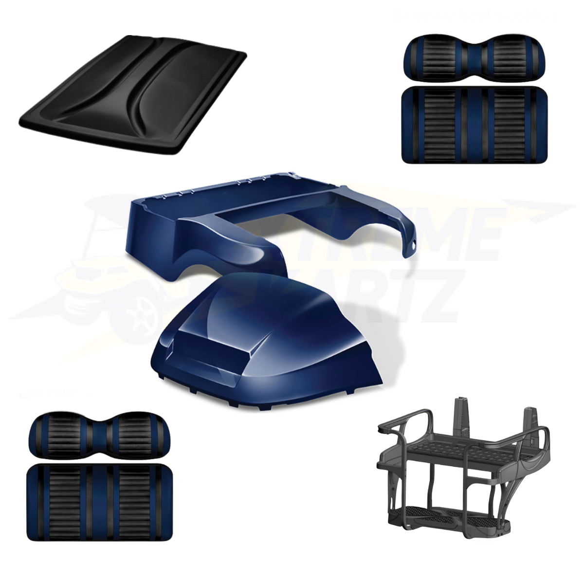Precedent Factory Style 5pc Upgrade Kit-Doubletake Body Kit - Navy 
Doubletake Extreme Seat -Black/Navy
Doubletake 80" Top - Black
Doubletake Rear Seat Kit - Max6