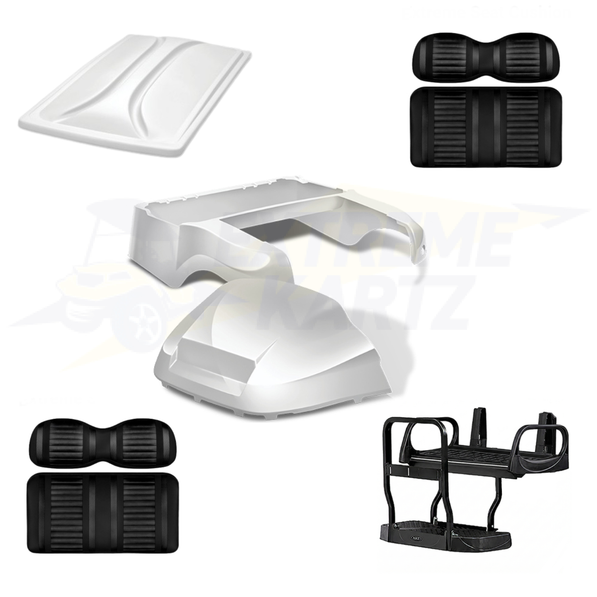 Precedent Factory Style 5pc Upgrade Kit:
Body Kit - White, Extreme Seat -Black/Black, 80" Top - White, Rear Seat Kit - Max5 (without cupholder)