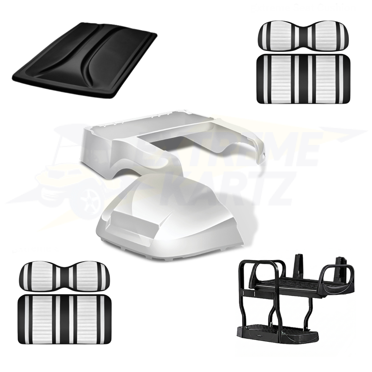 Precedent Factory Style 5pc Upgrade Kit:
Body Kit - White, Extreme Seat -Black/White, 80" Top - Black, Rear Seat Kit - Max5 (without cupholder)