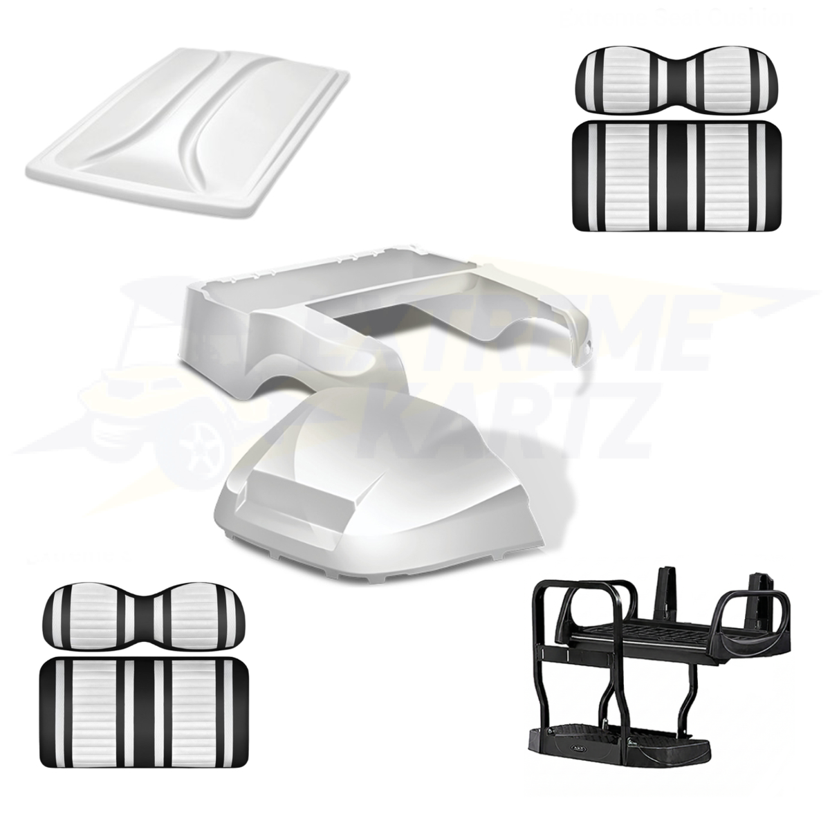 Precedent Factory Style 5pc Upgrade Kit:
Body Kit - White, Extreme Seat -Black/White, 80" Top - White, Rear Seat Kit - Max5 (without cupholder)