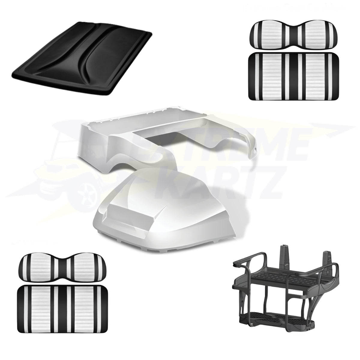 Precedent Factory Style 5pc Upgrade Kit:
Doubletake Body Kit - White
Doubletake Extreme Seat -Black/White
Doubletake 80" Top - Black
Doubletake Rear Seat Kit - Max6