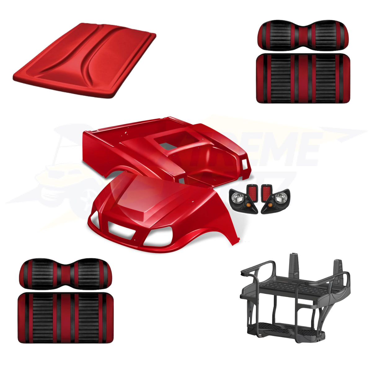 Club Car DS Spartan 5pc Upgrade Kit:
Doubletake Body Kit - Ruby
Doubletake Extreme Seat -Black/Ruby
Doubletake 80" Top - Ruby
Doubletake Rear Seat Kit - Max6
