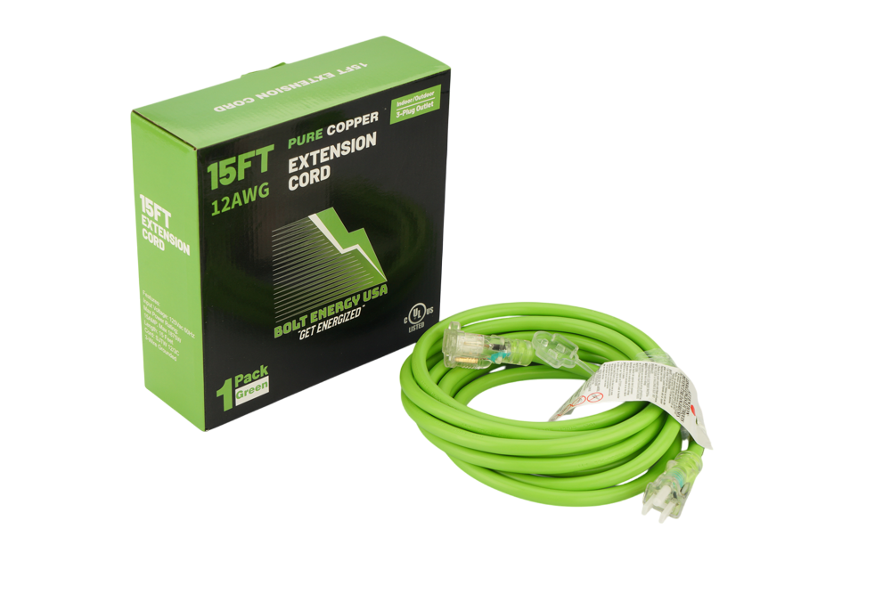 Heavy Duty 12-AWG Extension Cord 15-Foot with LED End