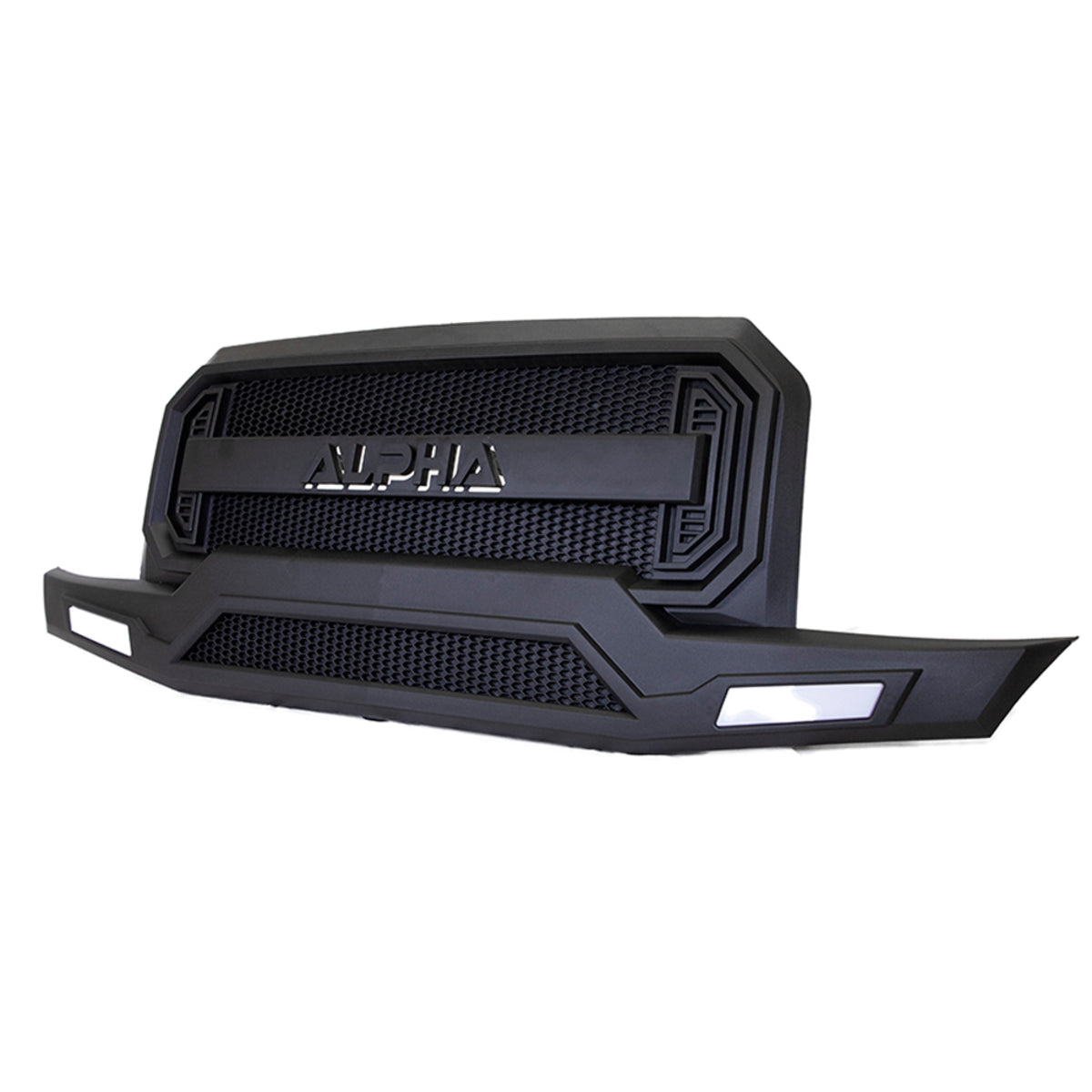 MadJax Alpha Deluxe Grille Black – grille with bumper, angled view