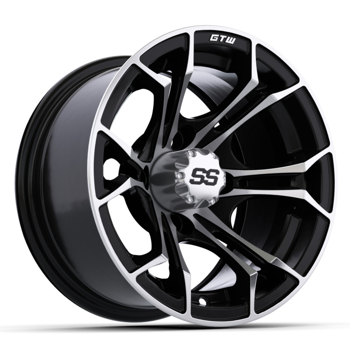 Wheel, 12X7 Spyder, Et-.25 Mfb w/SS Cap – wheel, angled view