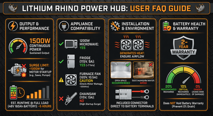 Lithium Rhino Power Hub: User FAQ Guide Infographic