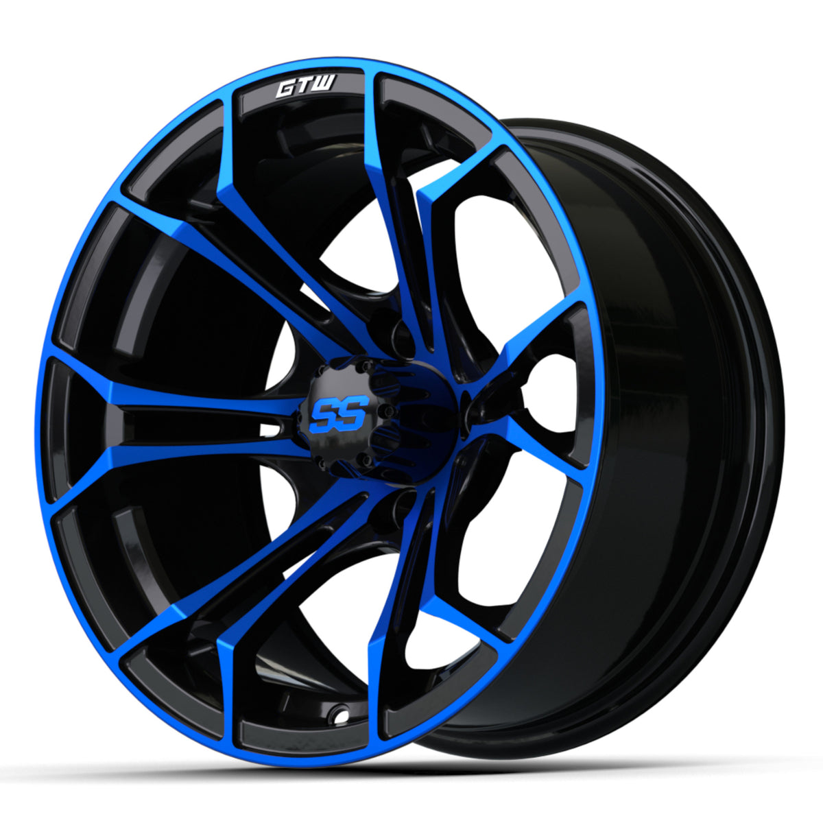 Wheel, 14X7 Spyder, Et-.25 Blk/Blue w/SS Cap – wheel, side angle view