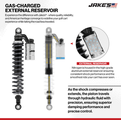 Jakes Long Travel Lift Kit, 94-01.5 EZGO TXT Gas w/External Reservoir Shocks – external reservoir shock feature graphic