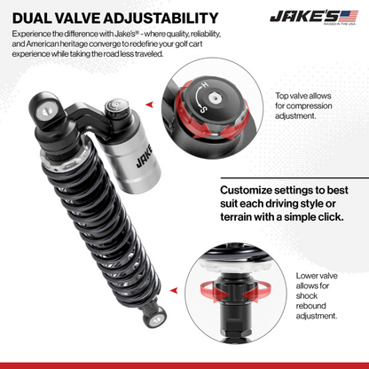 Jakes Long Travel Lift Kit, 94-01.5 EZGO TXT Gas w/External Reservoir Shocks – adjustable valve feature graphic
