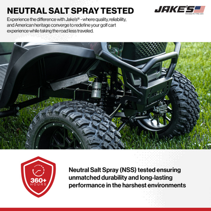 Jakes Long Travel Lift Kit, 94-01.5 EZGO TXT Gas w/External Reservoir Shocks – salt spray tested feature graphic