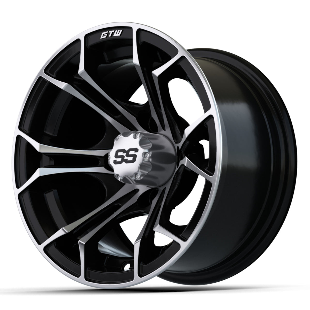 Wheel, 12X7 Spyder, Et-.25 Mfb w/SS Cap – wheel, side angle view