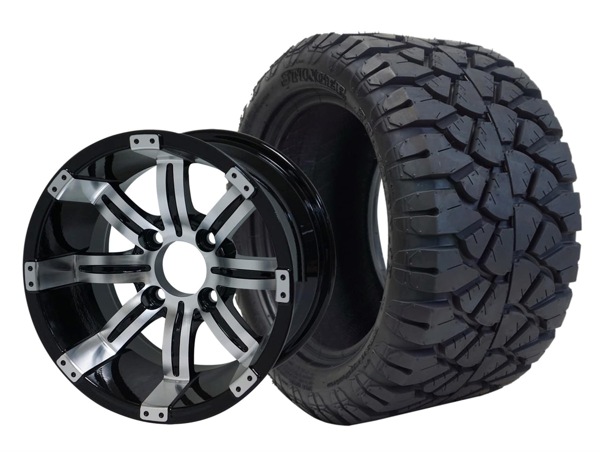 SGC 12" Tempest Machined Black Wheel and 22x10.5-12 STINGER All Terrain Tire Combo
