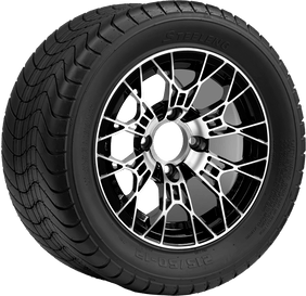 12" SGC Tarantula Machined Black STEELENG 215/50-12 - Golf Cart Wheel & Tire Combo