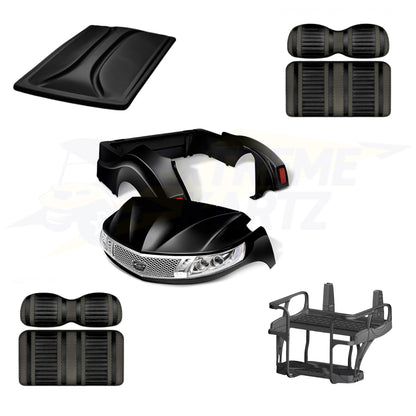 Yamaha Drive2 Phoenix 5pc Upgrade Kit:
Doubletake Body Kit - Black
Doubletake Extreme Seat -Black/Graphite
Doubletake 80" Top - Black
Doubletake Rear Seat Kit - Max6