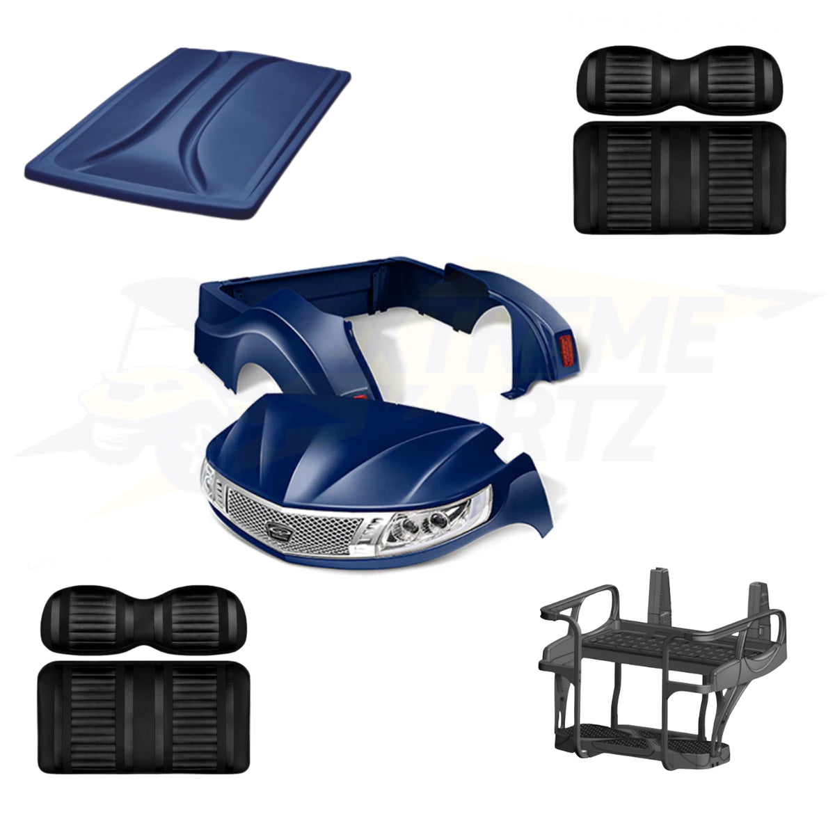Yamaha Drive2 Phoenix 5pc Upgrade Kit:
Doubletake Body Kit - Navy
Doubletake Extreme Seat -Black/Black
Doubletake 80" Top - Navy
Doubletake Rear Seat Kit - Max6