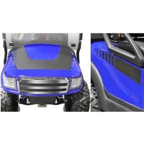 Alpha Series Graphic Set for CC Precedent (Black) – installed on blue Alpha golf cart, hood and side views