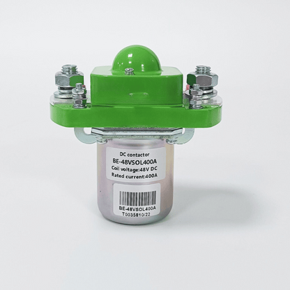 A green and silver heavy duty 400+amp solenoid designed for high amperage applications, with visible branding and model number.