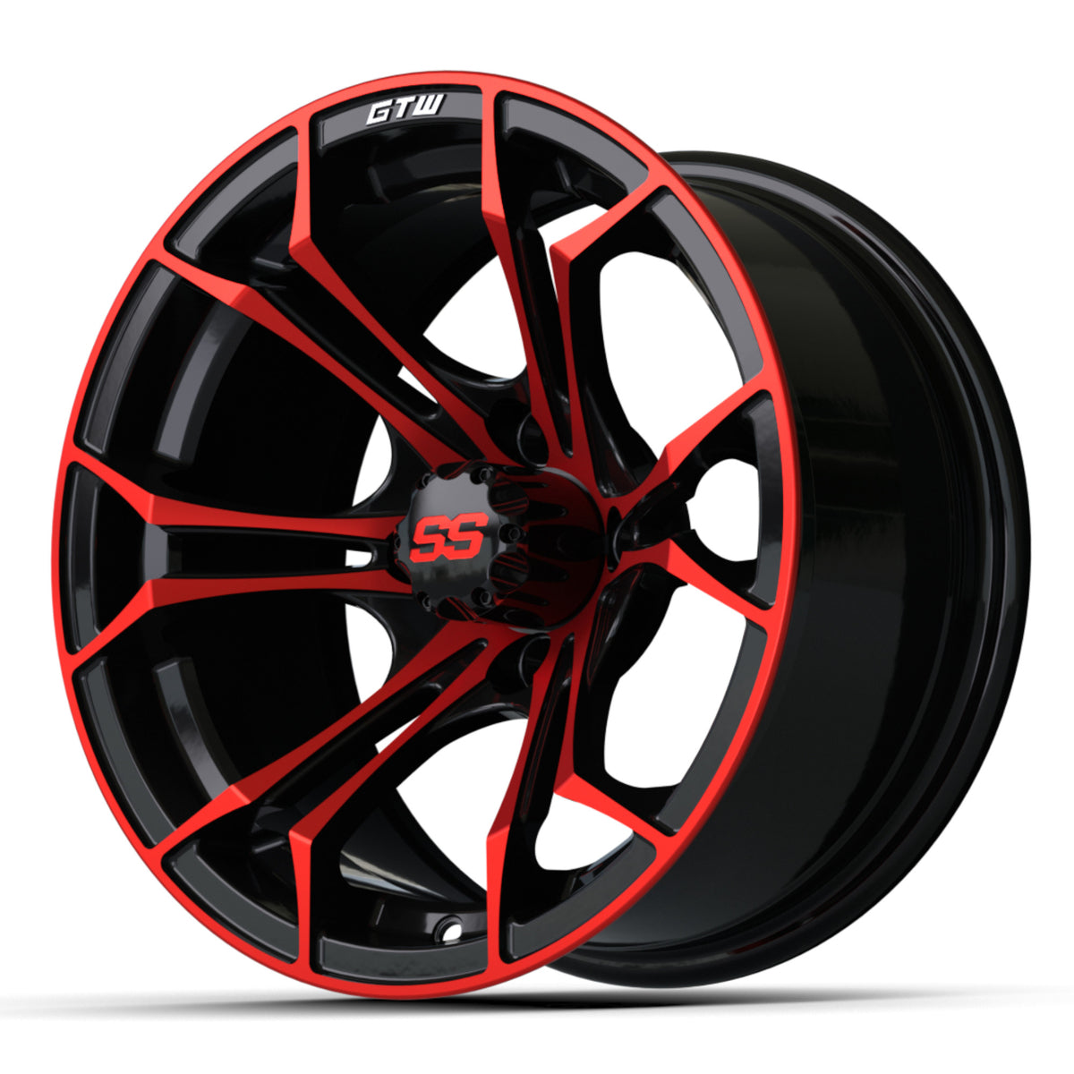 Wheel, 14X7 Spyder, Et-.25 Blk/Red w/SS Cap – wheel, side angle view